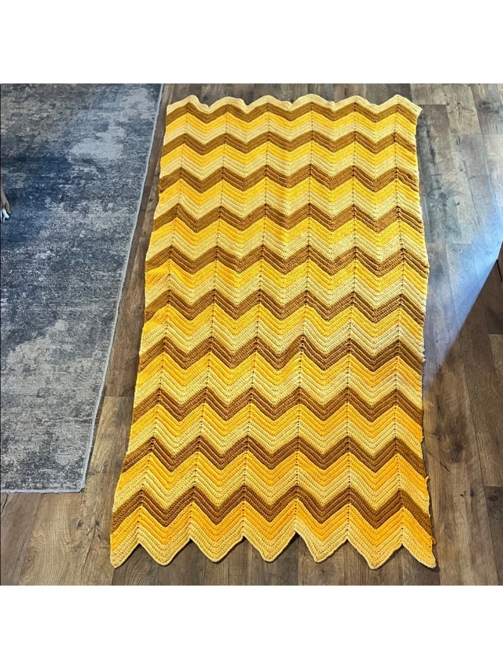handmade vintage crochet afghan blanket with a chevron pattern brown and gold